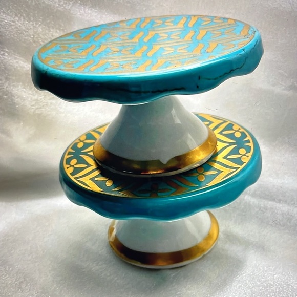 Hand-Painted Ceramic Pedestal Stands Turquoise, Gold Mini Cake or Candle… - Picture 1 of 9